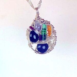 Sterling Silver Multi Gemstone Wire Wrapped Pendant Canadian Handmade
